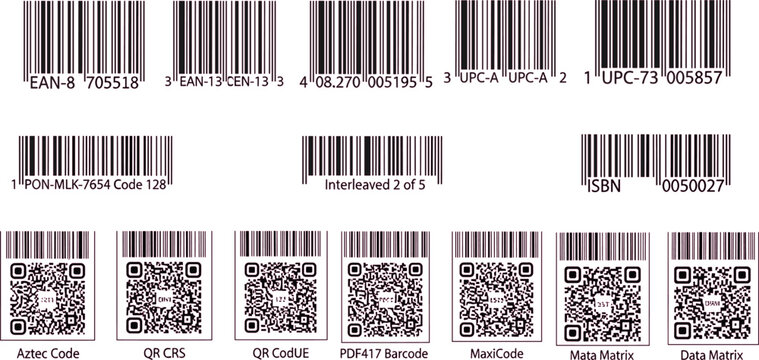 Barcode and QR Code Icon Set with Various Formats including EAN, UPC, ISBN, and Data Matrix for Retail, Logistics, and Product Identification