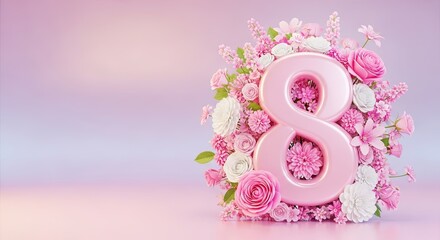 Naklejka premium Pink number 8 surrounded by floral arrangement on gradient background. International Womens Day concept for greeting card design.