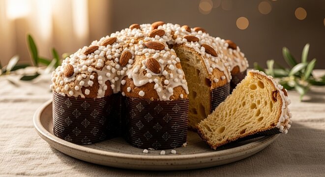 Easter colomba cake topped with almonds and pearl sugar on plate. Traditional Italian dove-shaped bread sliced open. Festive holiday dessert with olive branches for celebration