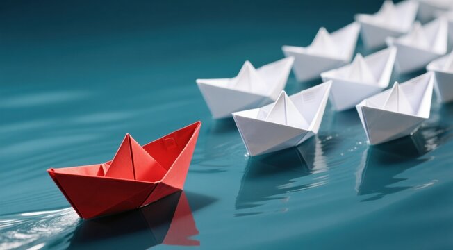 Paper boats leading concept in water