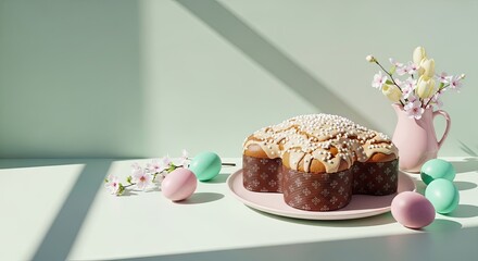 Traditional Easter kulich bread topped with icing and sprinkles on plate. Colored eggs and spring flowers arrangement. Festive pastry for holiday celebration and seasonal decoration concept