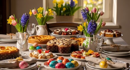 Easter holiday dining table with colorful painted eggs and blooming tulips. Spring celebration breakfast spread featuring cakes pastries and fresh fruits. Festive seasonal gathering concept for