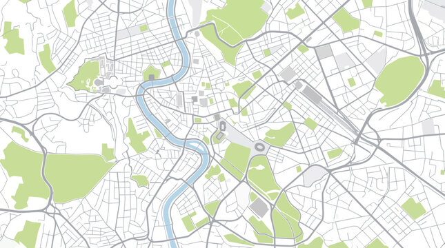 Minimalist Vector Map of Rome, Italy - Stylized Urban Plan with Roads, Parks, and Tiber River for Navigation & Travel