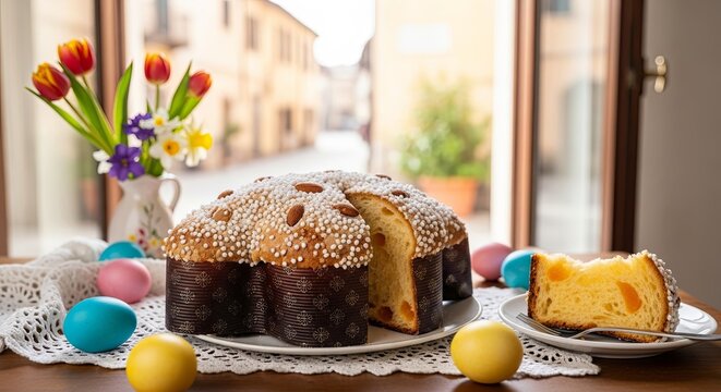 Traditional Italian colomba easter bread with almond topping sliced on plate surrounded by dyed eggs tulips and daisies in vase. Spring pastry for easter holiday on lace cloth table near window