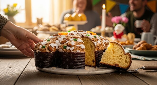 Italian colomba easter cake sliced on wooden table. Hand reaching for traditional dove shaped pastry with almonds and orange peel. Spring holiday family celebration and baking concept