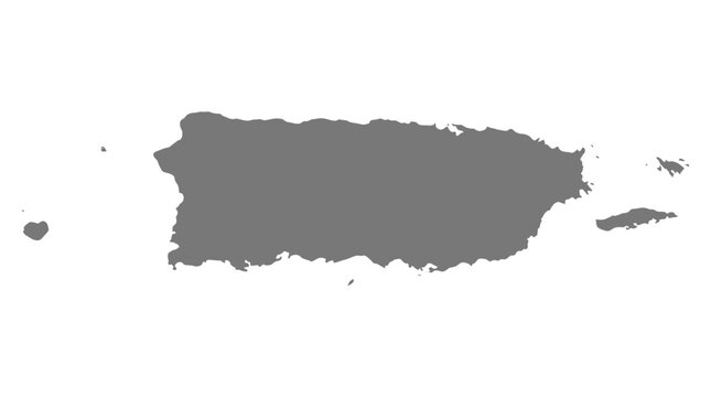 Puerto Rico Map Silhouette: Geographic Outline of the Island and its Surrounding Territories in Gray on White Background