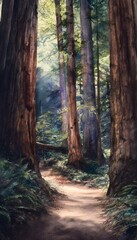 Majestic redwood trail illustration captures serene forest scale peaceful ambient light watercolor art