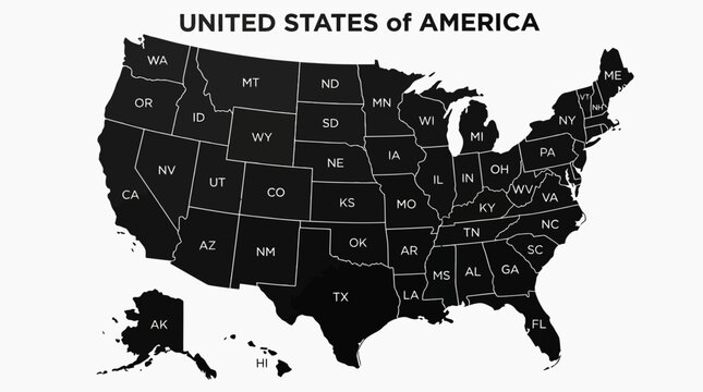 Black and White Outline Map of the United States of America with State Abbreviations on a Clean White Background