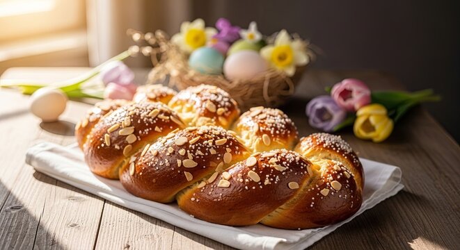 Braided easter bread topped with almonds on wooden table. Colorful easter eggs in twig nest surrounded by tulips. Spring holiday baking and fresh seasonal decoration concept