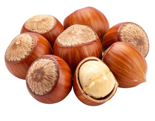 Fototapeta premium A cluster of brown, oval-shaped nuts with one split open revealing its light-colored kernel