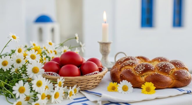 Traditional Easter setup with red dyed eggs in basket and braided tsoureki bread. Lit candle daisies on blue cloth with greek architecture background. Orthodox christian holiday celebration concept