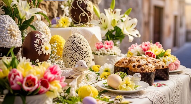 Easter table arrangement with painted eggs and fresh flowers. Traditional holiday setup featuring colomba cake and toy bunny. Spring celebration decoration for festive gatherings