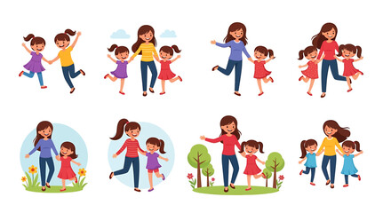 Fototapeta premium Collection of illustrations depicting mothers and daughters enjoying various activities together