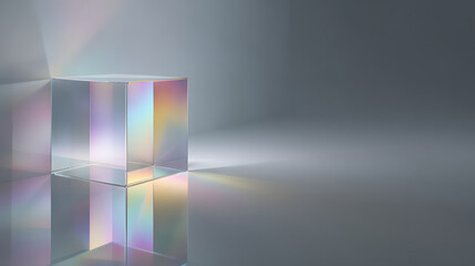 Iridescent glass cube in reflective space