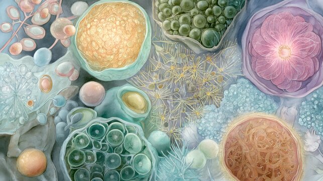 Ethereal watercolor illustration reveals intricate cellular worlds of science and beauty
