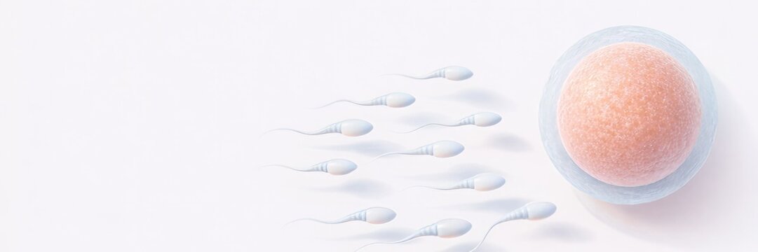 Minimal horizontal medical banner with sperm cells approaching ovum on light background with copy space, fertilization concept, reproductive biology and fertility clinic theme.