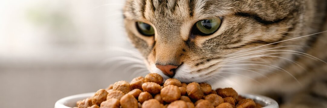 Horizontal banner with tabby cat eating dry food from bowl, pet nutrition concept.