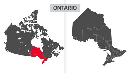 Naklejka premium Ontario Map: Highlighted Province in Canada with Detailed Administrative Divisions