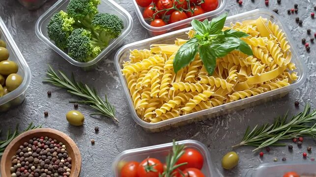 Various fresh produce and dry pasta portions in clear containers for meal preparation