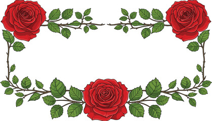 Red rose floral rectangular frame border, romantic flower arrangement with green leaves, elegant botanical decoration for wedding invitation greeting card © MdMosraful