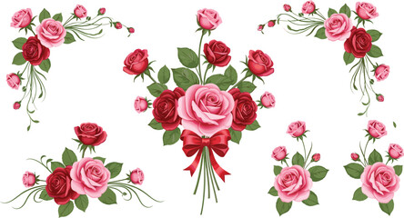 Romantic rose floral bouquet collection with pink and red flowers, botanical decoration set for wedding invitation greeting card design © MdMosraful
