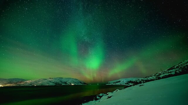 Stunning Real Time Aurora Borealis Dancing Over Snowy Mountains, Arctic Lake, and Pine Forest Silhouette at Night