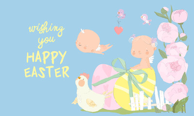 Naklejka premium Card for Easter Day with Little Cartoon Angels and Ester Eggs