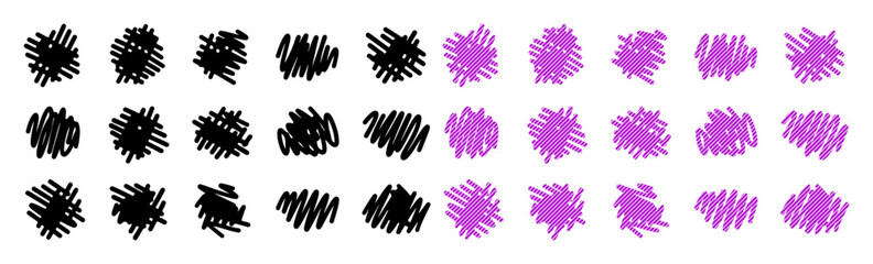 Obraz premium Rows of scribbled marks, half black and half purple, creating a visual pattern.