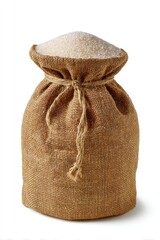 Brown Burlap Bag Filled With Sugar On White Background