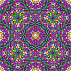 Dense kaleidoscope floral pattern with radiating petals and leafy motifs in vivid pink, blue, yellow and green hues, creating an energetic seamless surface perfect for boho decor projects.