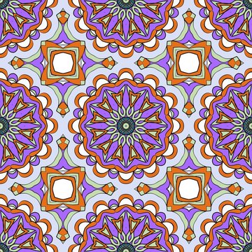 Detailed circular mandalas in purple, orange and green repeat across a seamless pattern, offering a bold boho look ideal for textiles, wallpapers and festive design projects.