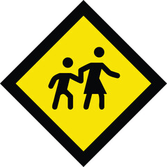 School crossing warning sign icon with child and adult silhouette, yellow diamond road safety symbol for pedestrian zone, traffic regulation design, transportation signage, and urban safety concept.