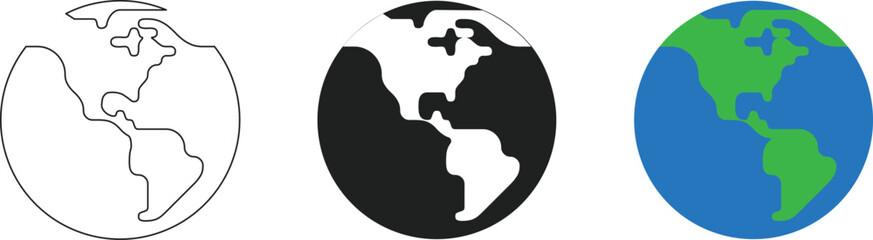 Globe icon set in outline, black and white, and color styles, earth world map symbols perfect for geography themes, travel branding, global business concepts, and modern design projects. © Sk