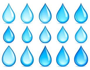 Assortment of stylized, transparent, and vibrant blue water droplets on white