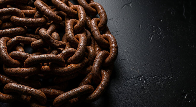 Detailed macro shot of heavy weathered iron rusty metal chains draped over a dark gritty industrial textured background with empty copy space for design