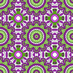 Colorful radial mandala pattern in vivid green and magenta hues, perfect for boho inspired textiles, stationery, and digital backgrounds with a playful energetic mood.