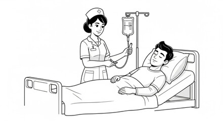 Nurse tending to a patient in a hospital bed with an IV drip.