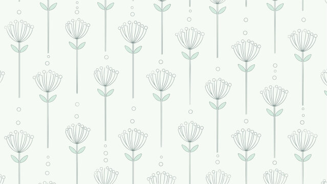 Minimalist pattern featuring vertical rows of stylized dandelion-like flowers with teal leaves and delicate stems on a soothing pale green background.