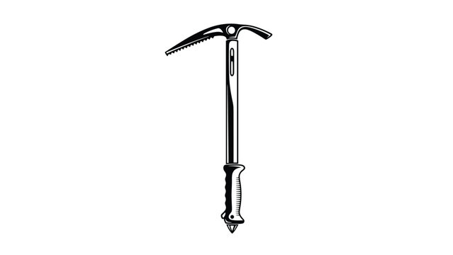 Professional ice axe illustration with a serrated pick and a gripped handle, rendered in a bold black and white graphic style for outdoor gear.