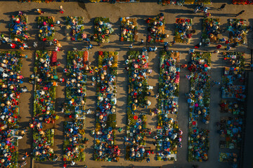 Fototapeta premium Aerial view of busy local daily life of the morning local market in Vi Thanh or Chom Hom market, Mekong Delta, Vietnam.