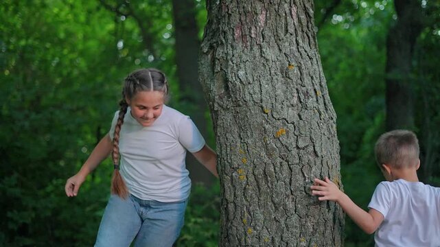 Girl runs around tree playing tag with boy in forest outdoors. Children chase each other circling trunk. Kids play game near tree. Girl smiles running around tree. Children enjoy tag in forest.