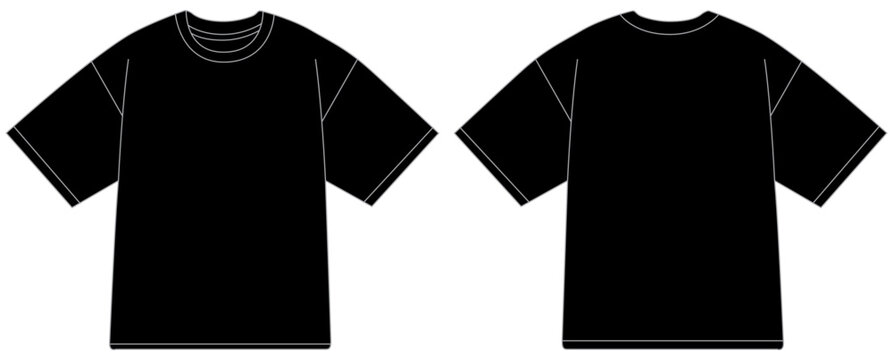 Oversized t-shirt technical flat mockup with front and back views. Clean apparel template for fashion design, streetwear collections, tech packs, pattern making, and clothing presentations