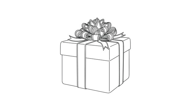 Classic gift box illustration wrapped in a clean white paper and tied with an elaborate decorative ribbon bow, rendered in a detailed sketch style.