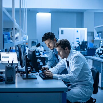 Two men in lab coats working on computer