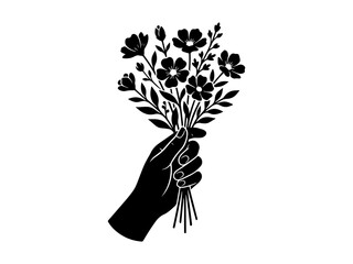 A minimalist black and white vector silhouette of a human hand holding a bunch of wild field flowers, perfect for nature and floral-themed designs.