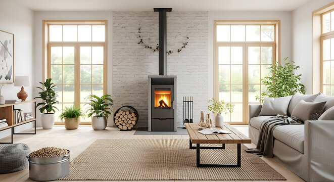 Luminous modern living room interior featuring an eco-friendly biomass pellet stove heater, contemporary minimalist home design with sustainable wood burner and large window sunlight.