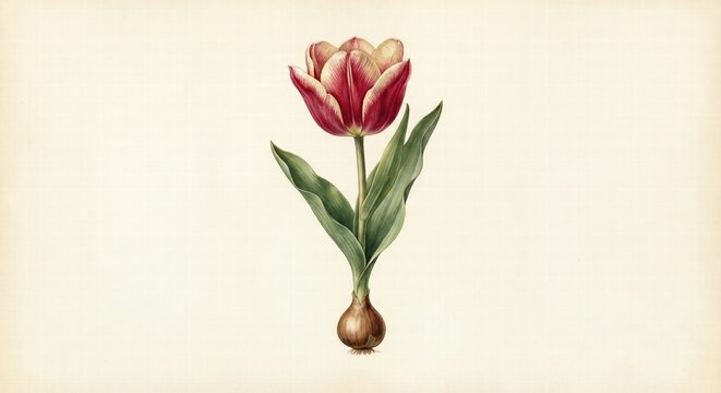 Tulip Flower Bulb Botanical Illustration Featuring Vintage Red Cream Variegated Bloom And Root Element