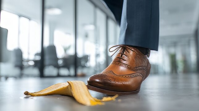 Person in business attire stepping on a banana peel unexpected accident, hazard, or unforeseen problem in a professional workplace. Hazardous trope of slipping on a banana peel insurance claim, safety
