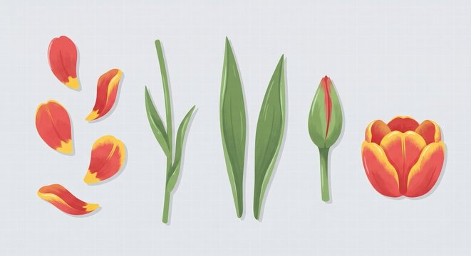 Tulip Flower Parts Petal Set Vector Illustration Featuring Stem Leaf And Bud Elements