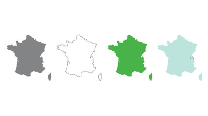 France Map Set with Diverse Styles: Outline, Solid, and Watercolor Textures